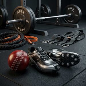 Leather cricket ball and bowling spikes next to gym barbell and resistance bands for STRYVK Knee Dominant Bowler Coaching Program