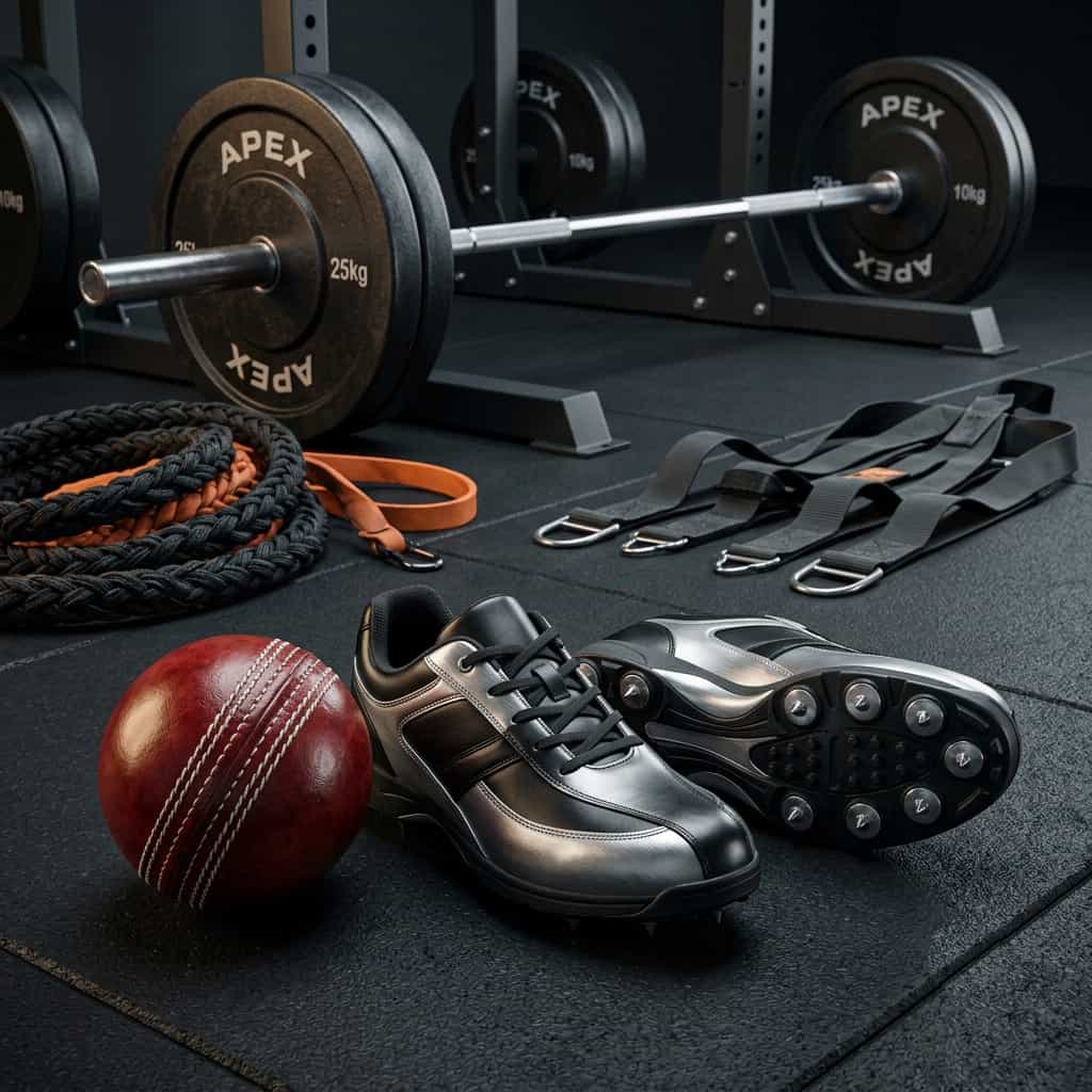 Leather cricket ball and bowling spikes next to gym barbell and resistance bands for STRYVK Knee Dominant Bowler Coaching Program